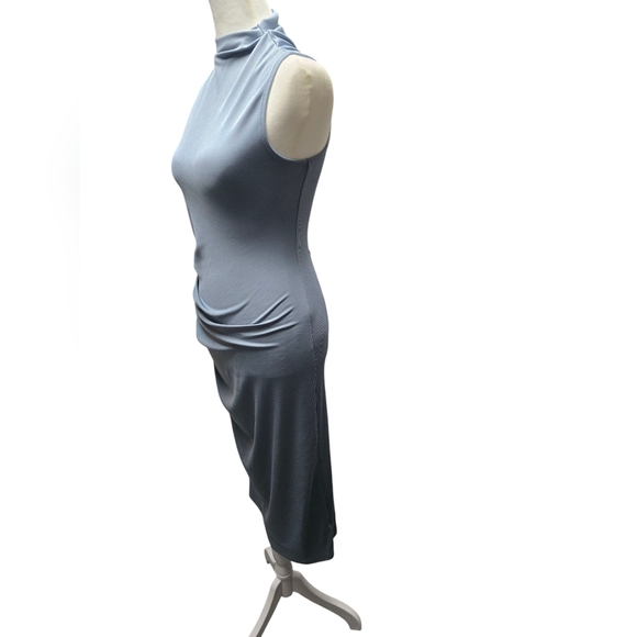 Solid High Neck Ruched Sleeveless Midi Dress - Picture 3 of 5